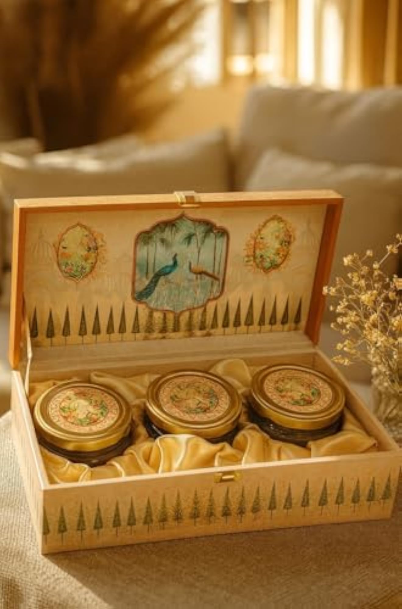 Decorative Wooden Gift Box Set with 3 Jars, Peacock Design