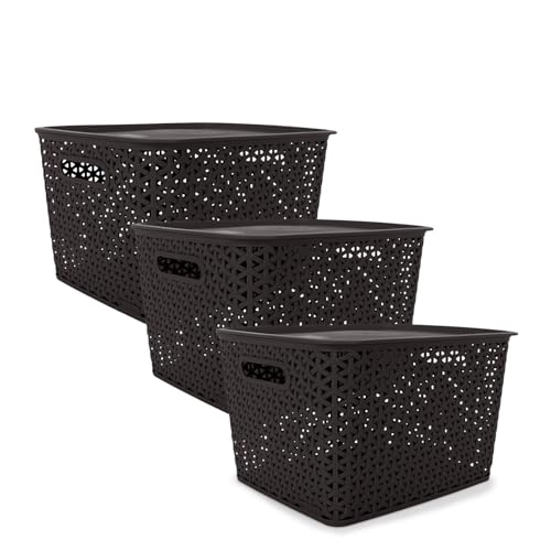 Bel Casa Royal Basket Large (Pack of 3 With lids) Multipurpose Plastic Storage Rectangular Baskets For Cloths Toys Wardrobe Home Kitchen & Livingroom I DARK BROWN