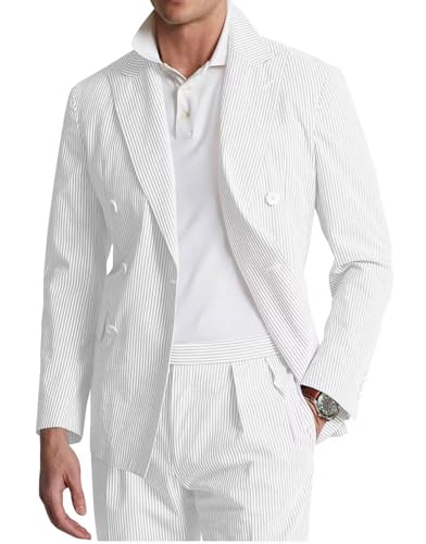 HUUTOE Mens 2 Piece Seersucker Prom Suit Double Breasted SearSucker Suit Summer Beach Wedding Suits for Men Tuxedo Set