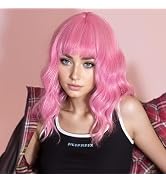 forfeels Short Pink Wavy Wig with Bangs, Pink Bob Wigs for Women 14 Inch Shoulder Length Curly Sy...