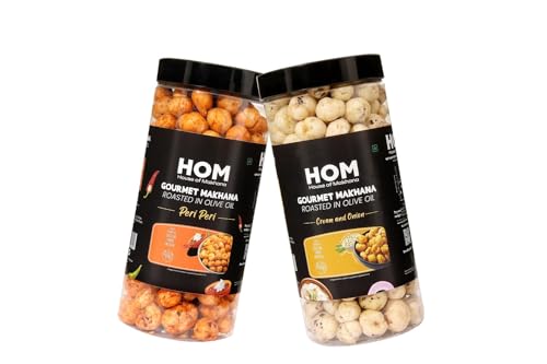 Image of H O M House Of Makhana 130g Cream and Onion And Peri Peri Gourmet Makhana Jar Roasted in Olive Oil, Flavored Makhana Pack of 2 (65gX2)