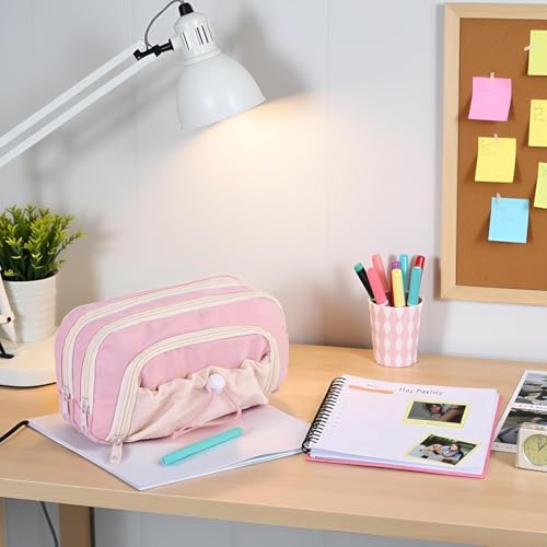 Image of Kawaii Cute Aesthetic Pencil Case for Students | Large Capacity Multi-Pocket Pencil Pouch with Zipper | Cartoon Stationery Organizer Bag for School, College & Office Supplies (Dori - Pink)