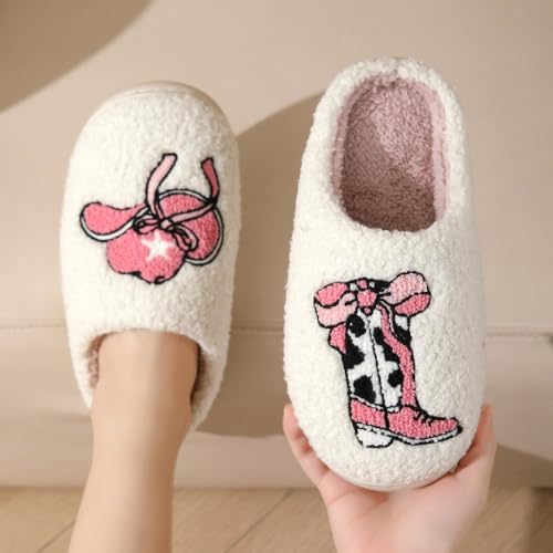 Coquette Western Cowboy Boots Slippers for Women Fluffy Memory Foam Comfort Wear Shoes Wide Lightweight Warm Fuzzy Fur Lined Cotton House Slippers Indoor Bedroom Slides Cute Christmas Gift for Couples4