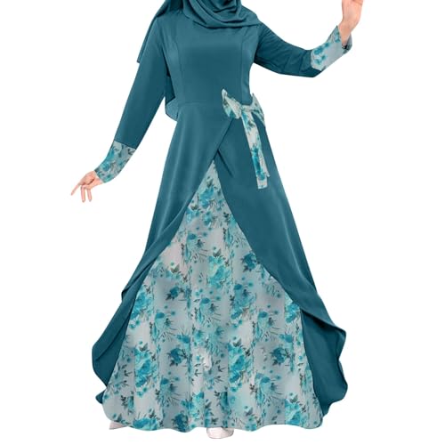 Vestidos muçulmanos femininos gola redonda manga longa laço nó casual Abaya vestido árabe vestido tú