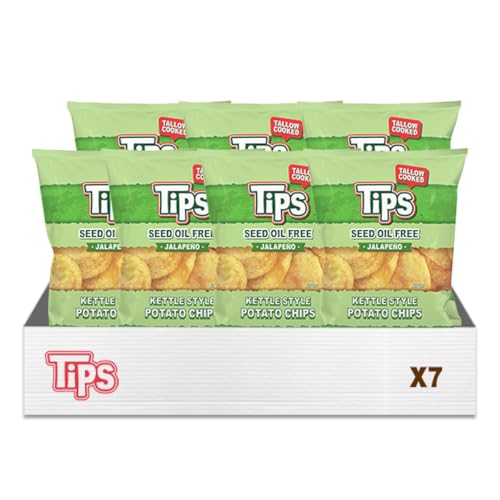 Image of TIPS Potato Chips - Jalapeno | Tallow Cooked - Seed Oil Free & Gluten Free - Kettle Style Potato Chips Made with Potatoes, Beef Tallow, Sea Salt & Jalapeno Pepper - 7 Pack, 5 Ounce Each