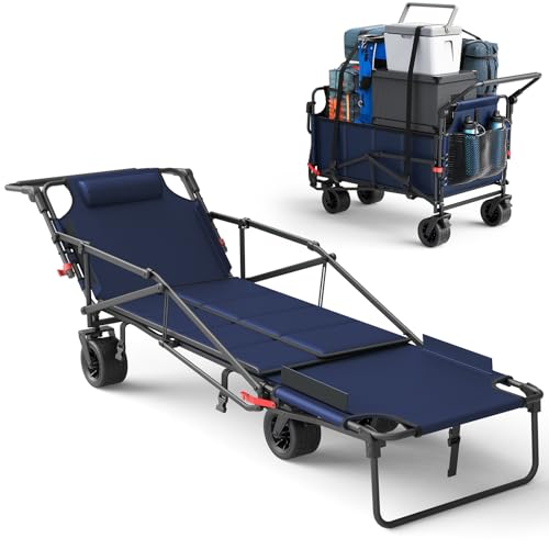 2-in-1 Multifunctional Folding Wagon Carts Convertible Beach Chair 650LBS Large Capacity Foldable Portable Wagon Utility Cart Suitable for Grocery Sports Garden Shopping Camping(Blue)