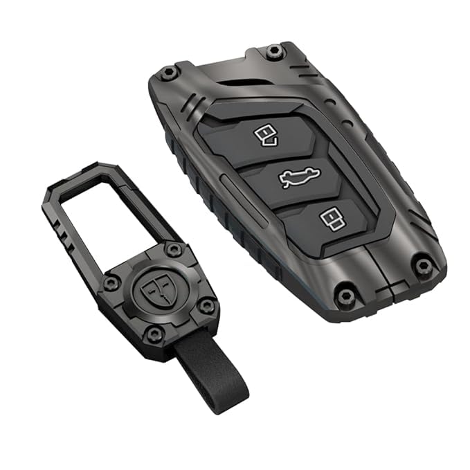 Image of STYLEOBJECT Waterproof Premium Luxury New Transformer Series Soft Silicon Car Key Shell with Keychain & Full Protection 3 Button Metal Smart Car Key Cover for Mg (Astor, ZS EV) Black