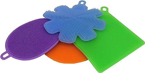 Image of Set of 4 Silicone Sponges - Features 4 Designs and Fun Colors - Measures About 4.5 inch - Wet and Dry Use - Dishwasher Safe (4)