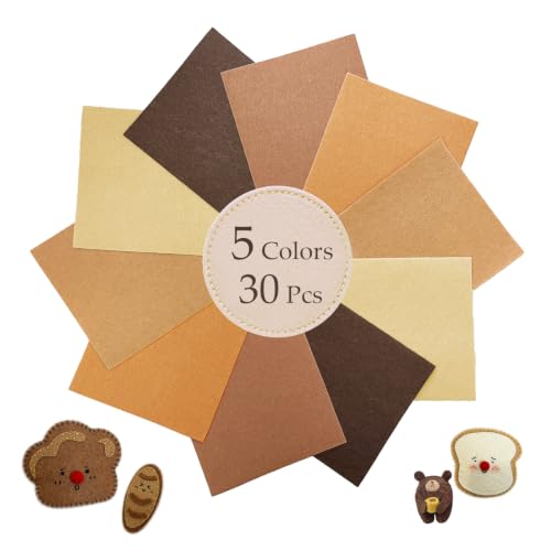 Image of 30Pcs Stiff Felt Sheets, 1mm Thick Felt Fabric Squares for Sewing & DIY | 5 Shades Of Brown Colors Craft Felt, Hard Felt, Thick Felt & Felt Paper for Patchwork, Home Decor & Handmade Projects