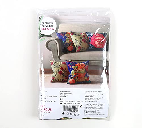 Image of India Circus by Krsnaa Mehta Garden Hi-Tea Multicolor Satin Blend Cushion Pillow Covers Set of 5 (16 x 16 Inches)