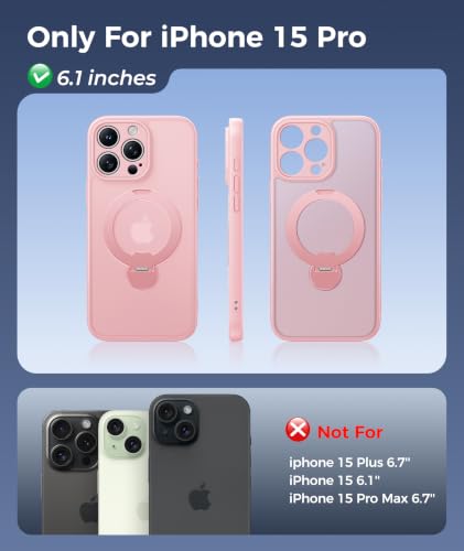 Image of FNTCASE for iPhone 15 Pro Case with 360 Spin Magnetic Stand Pink | Compatible with Magsafe,Screen Protector,Full Camera Protection,Translucent Matte Military Grade Shockproof Phone Cover