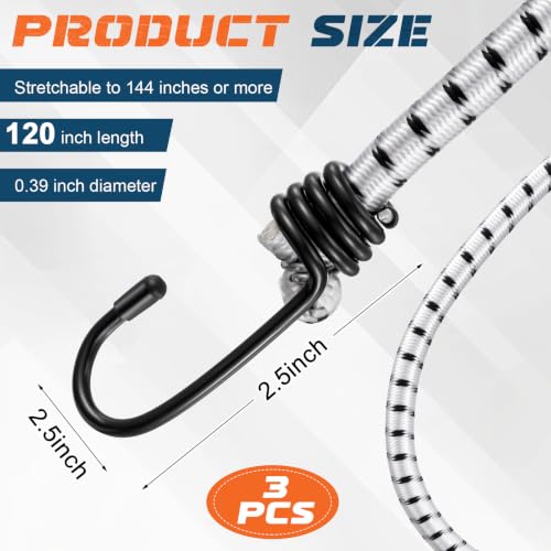 Image of Extra Long Bungee Cords with Hooks 0.39 Inch Thick Heavy Duty Bungee Straps for Outdoors, Camping, Rvs, Bikes, Cargo (White+Black,120 Inch,3 Pcs)