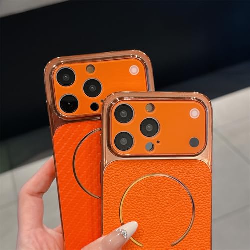 Coque iPhone 13 Pro Max magnétique orange en fibre de carbone texture litchi mat - 6