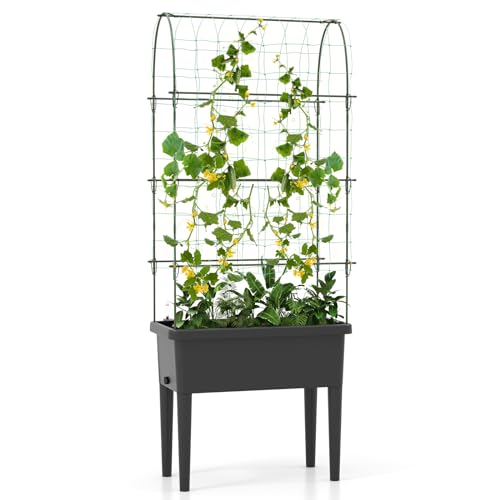 RELAX4LIFE 35L Letto da Giardino Rialzato, Vaso Auto-irrigante con Grigliato a Forma di U, Gambe Staccabili, Fioriera Rialzata con Traliccio per Piante Rampicanti, Erbe Aromatiche, Fiori, Verdure