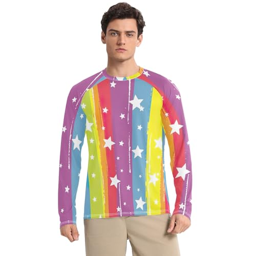 Rainbow Stripes Stars Rash Guard Men UV Sun Protection UPF 50+ Sun Shirt Long Sleeve Quick Dry Fishing Shirts, Small