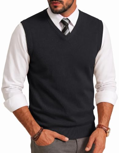 Image of COOFANDY Mens Solid V Neck Sweater Vests Classic Sleeveless Pullover