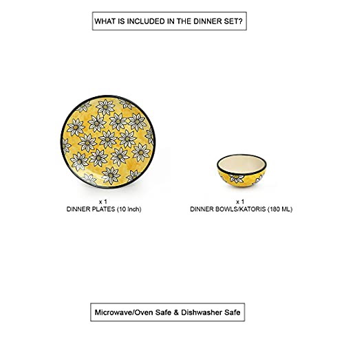 Image of ExclusiveLane 'Californian Sunflowers' Handpainted Ceramic Plates for Dinner Set Ceramic Dinner Plate with Katoris & Ceramic Bowl (3 Pieces, Serving for 1, Dishwasher & Microwave Safe)