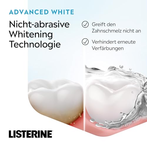 LISTERINE Advanced White Milder Geschmack 500 ml, Mundspülung zur Entfernung hartnäckiger Zahnverfärbungen, für weißere Zähne in nur 1 Woche, Mundwasser bekämpft wirksam Bakterien im Mundraum