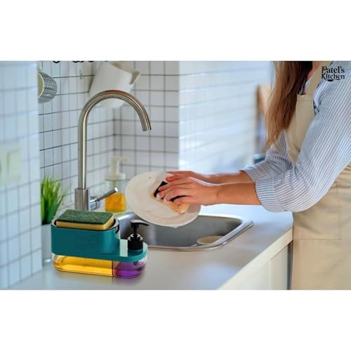 Image of Patel's Kitchen 3 in 1 Dish Soap Dispenser with Sponge Holder & Hand Wash Pump | Dual Liquid Kitchen Sink Organizer | Soap Dispenser with Drip Tray for Dishwashing, Sink & Kitchen Cleaning (3 in 1)