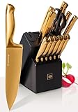 Styled Settings 14-Piece Knife Set with Block & Built-In Sharpener – Ultra-Sharp Full Tang Kitchen Knives – Premium Cooking & Prep Essentials, Gold Handle, Gold Blade & Black Block