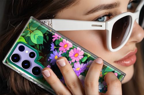 Coolwee for Samsung Galaxy S24 Ultra Case with Screen Protector (6.6 FT Military Drop Protection) Women Girls Slim Hard Back Cover Soft TPU Bumper for S24 Ultra Case Green Tropical Purple Pink Floral
