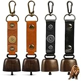 PjuQow 4 Stück Kuhglocken mit Karabiner - Metall & Leder, kuhglocke, glocken, Multi functional compact horn drum, suitable as a keychain decoration for outdoor hiking, backpacks and other occasions
