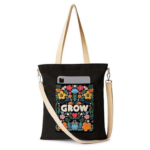 Image of ZORI Black Sling Tote Bag With Pocket and with Beige Straps, Tote Bags For Women large capacity,Tote bag For Shopping, College, Travel, More Canvas Handbag For Unisex