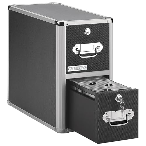 Vaultz CD Case Holder - File Cabinet CD Rack w/ 2 Drawers and Key Locks, 8 x 14.5 x 15.5 Inch DVD Organizer and CD Storage Box - Black