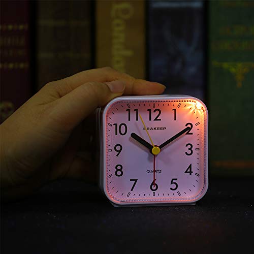 Image of Peakeep Small Battery Operated Analog Travel Alarm Clock Silent | No Ticking, Lighted on Demand and Snooze, Beep Sounds, Gentle Wake, Ascending Alarm, Easy Set (White)
