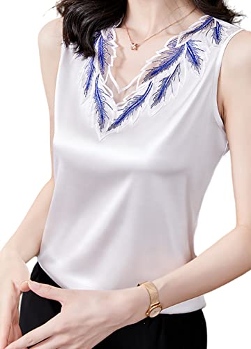 Lqhhylyx Ladies Lace Silk Satin Sleeveless Camisole Round Neck Commuter Shirt (B-White, Small) #TOP5
