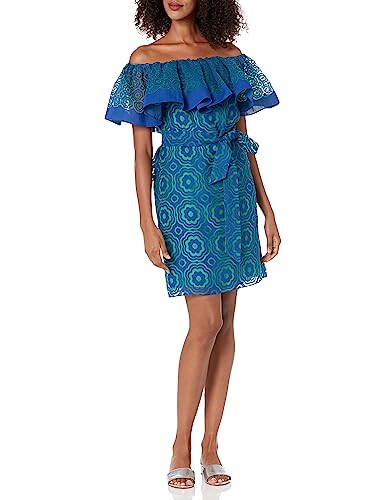 Trina Turk Women's Off The Shoulder Dress, Majorelle Blue/Zelliege Green
