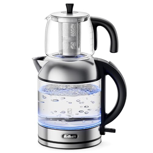 Feller Germany TS289 2-in-1 Tea Maker 2L German Schott Glass Kettle + 1L Teapot 2200W Strix Control Keep Warm BPA Free Stainless Steel Filter (Stainless Steel)
