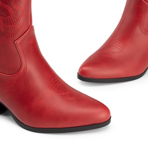 DREAM PAIRS Women's Cowboy Cowgirl Boots Embroidered Stitched Short Western Boots Low Chunky Heel Pointed Toe Ankle Booties,Size 6,Red,DWUMAB2504