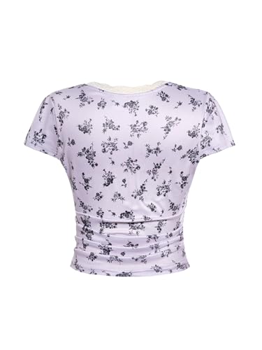 Image of RoseSeek Girl's Ditsy Floral Print Lace T Shirt Short Sleeve Ribbed Ruched Cute Tee Shirts Summer Tops