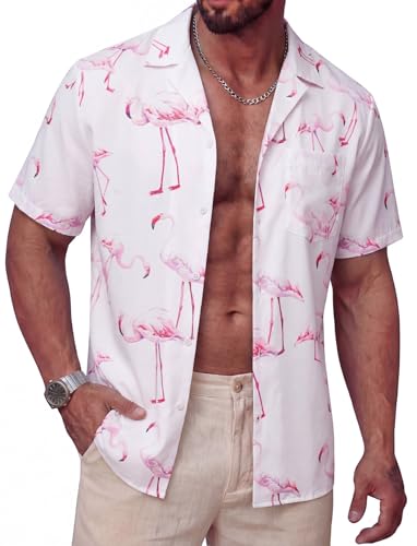 Ailisus Hawaii Hemd Männer Funky Blumen Druck Hawaiihemd Sommer Leicht Bequem Freizeit Strand Urlaub Hellrosa Flamingo XL