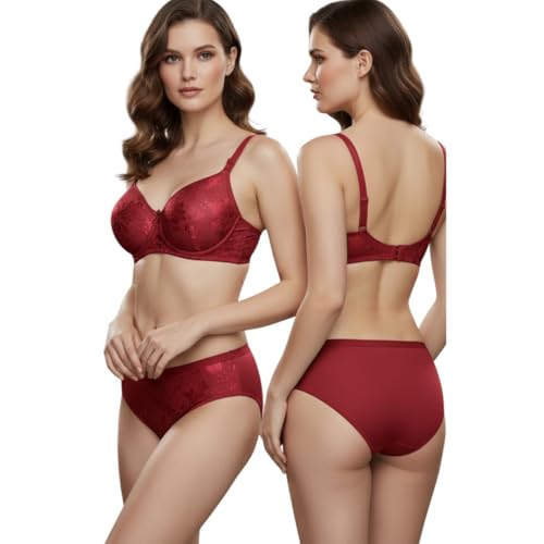Image of Kinzie Elegant Floral Jacquard Lingerie Set, Grey Brown Maroon Bra and Brief, Comfortable Full Coverage Underwear Set, Padded Bra, Lingerie Set, Honeymoon Bikini Set,