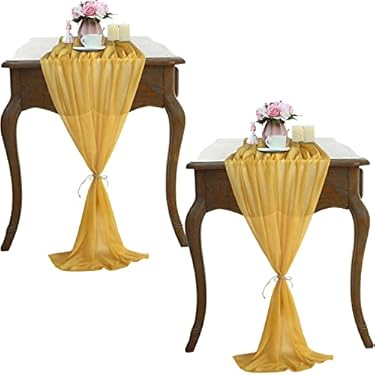 AMAZON - ABXLNIU 2 Pack Mustard Yellow Gold Sheer Table Runners 29×120 Inch Long Table Linen for Romantic Wedding Decor, Arches, Bridal Shower, Baby Shower, Birthday Party Cake Table Decorations, 18-2Pcs