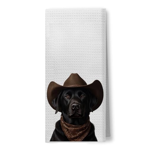 Image of Foritho Funny Cowboy Black Labrador Kitchen Towels, Black Lab Labrador Retriever Gifts Dish Tea Towels for Kitchen Decor, Western Dog Hand Towels for Bathroom Decor, 16x24 Inch