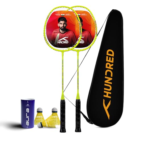 Image of Hundred Powertek 200 Aluminium Badminton Racket Combo, 2 Strung Rackets with 1 Full Cover & 3 Aura Nylon Shuttlecocks, Lightweight Shuttle Bats for Match Play