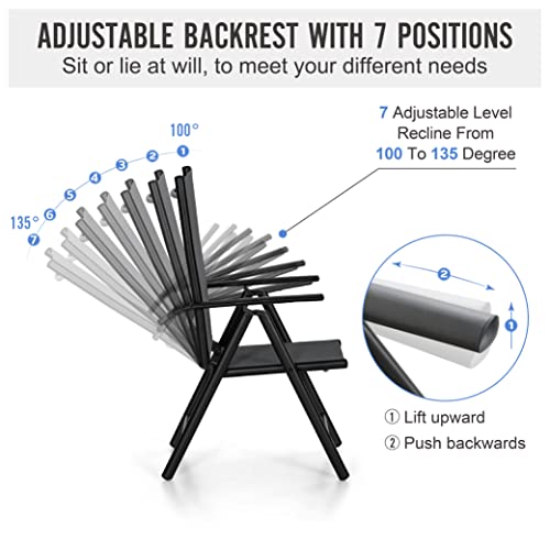 Phi Villa Folding Patio Dining Chairs Set Of 2, Adjustable Patio Sling Chairs Reclining High Back Chairs With Armrest For Outdoor Garden Lawn Pool Yard, No Assembly, Black #TOP1
