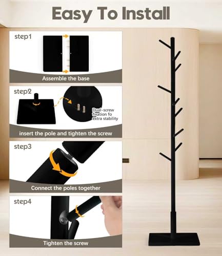 Relquorax Garderobenständer, Kleiderständer aus Buchenholz Massivholz in Baumform für Kleidung, 9 Haken, 180 x 38 x 38 cm, für Jacken, Hüte, Taschen, Eingang, Flur, Büro, Schlafzimmer (Schwarz)