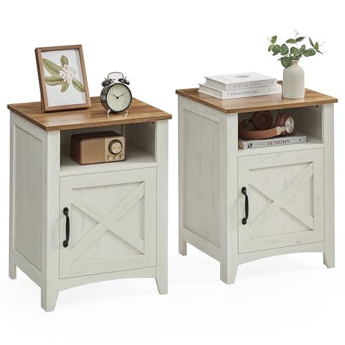VASAGLE LIRY Collection - Farmhouse Nightstand with Barn Door, Set of 2, Bedside Table with Storage, Side End Table, Night Stand, Open Compartment, for Bedroom, Rustic White and Honey Brown