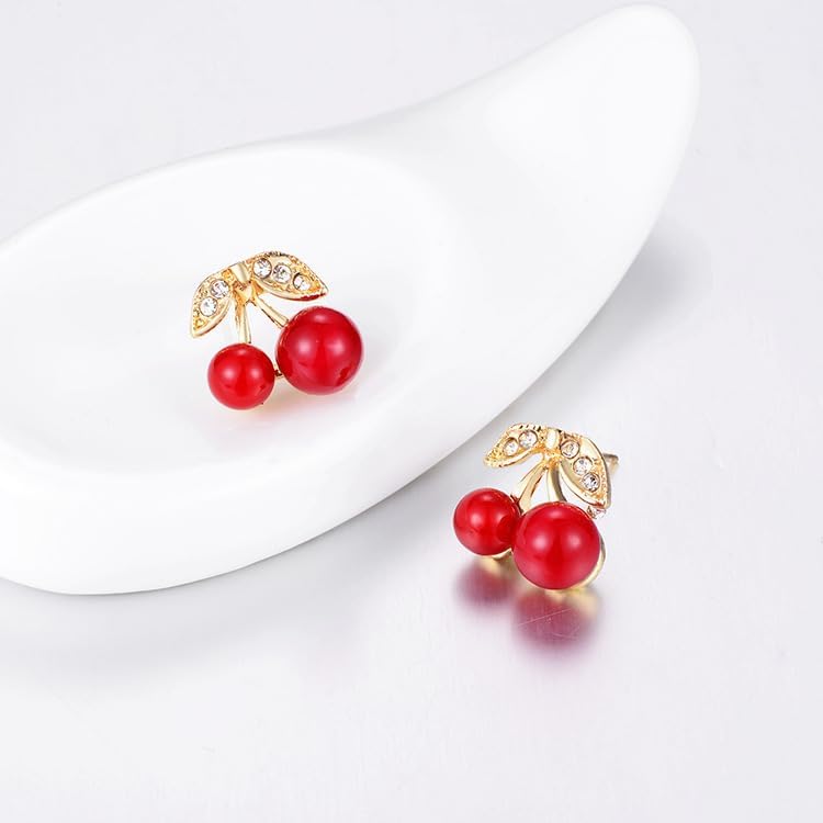 ONLYJUMP 3D Rhinestone Cherry Earrings Necklace Set for Women Funny Charm Red Cherry Earring Sweet Fruit Necklace Earring Summer Tropical Fruit Green Leaf Charm Jewelry - Image 7
