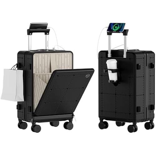 Santino Carry On Luggage 22x14x9 Airline Approved 20 Inch baggage pc Hard Shell Suitcase with Spinner Wheels TSA Lock with USB Port and Cup Holder and phone holder Top Opening Suitcase