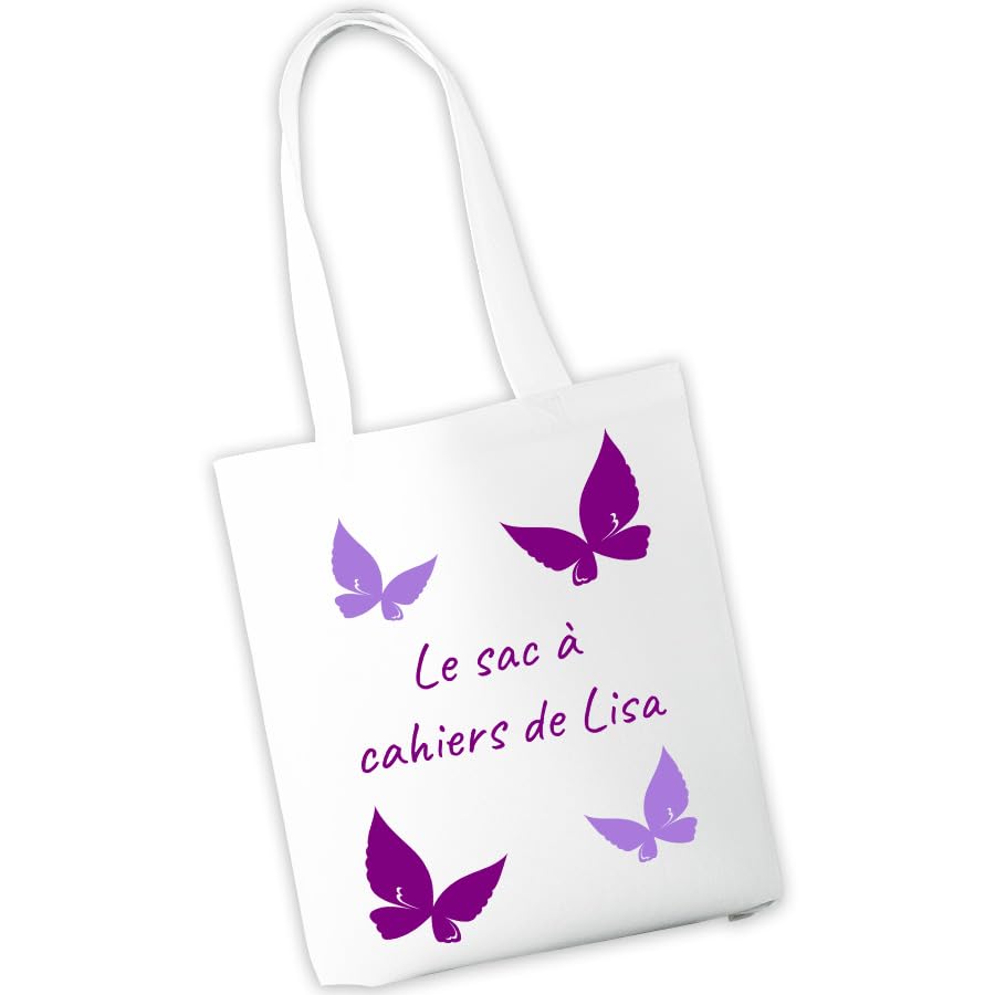 Sac à cahiers personnalisé - Sac de transport pour cahiers et livres d'école ou de bibliothèque - Prénom et motif au choix - Cadeau rentrée scolaire, maternelle, crèche, école (Papillons)