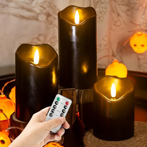 Image of LUSHARBOR Halloween Flameless Candles with Remote, 3 Pack Battery Operated Wax LED Flickering Candles Halloween Home Party Decor for Fireplace /Shelf /Centerpiece Black