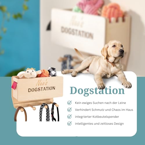 INEXTERIOR Hundegarderobe CLASSIC aus Holz - personalisierbar - in Deutschland handgefertigt - Aufbewahrung für Hundeleinen (Natur, Schriftzug Dogstation + Name)
