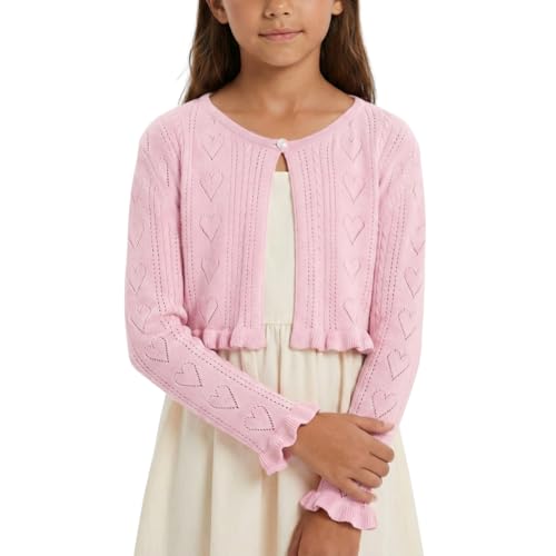Image of Girls Cotton Knit Shrug Cardigan with Long Sleeve Ruffle Hem