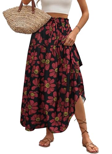 POPZONE Women's Maxi Skirts Floral Printed A-Line Skirts Below The Knee Elastic High Waist Summer Long Skirts for Women