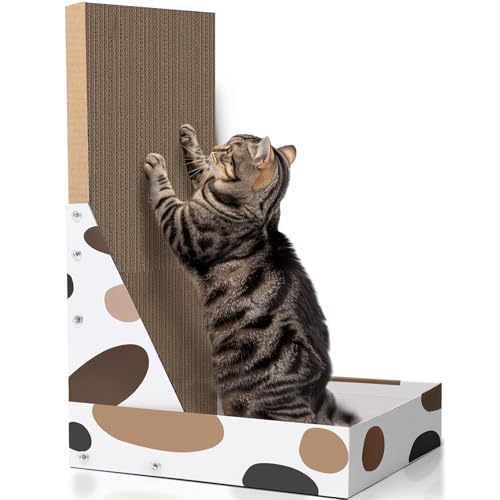 ComSaf Cat Scratcher for Indoor Cats, Cardboard Cat Scratching Board with Box Collecting Scraps No Mess, Vertical L Shaped Cat Scratching Post Cat Scratch Pad Protecting Furniture Wall Sofa
